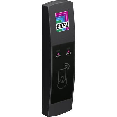 Un lecteur RFID noir avec deux voyants lumineux : 'Accès' et 'Erreur'. Un logo coloré est situé en haut. Adapté pour le contrôle d'accès.