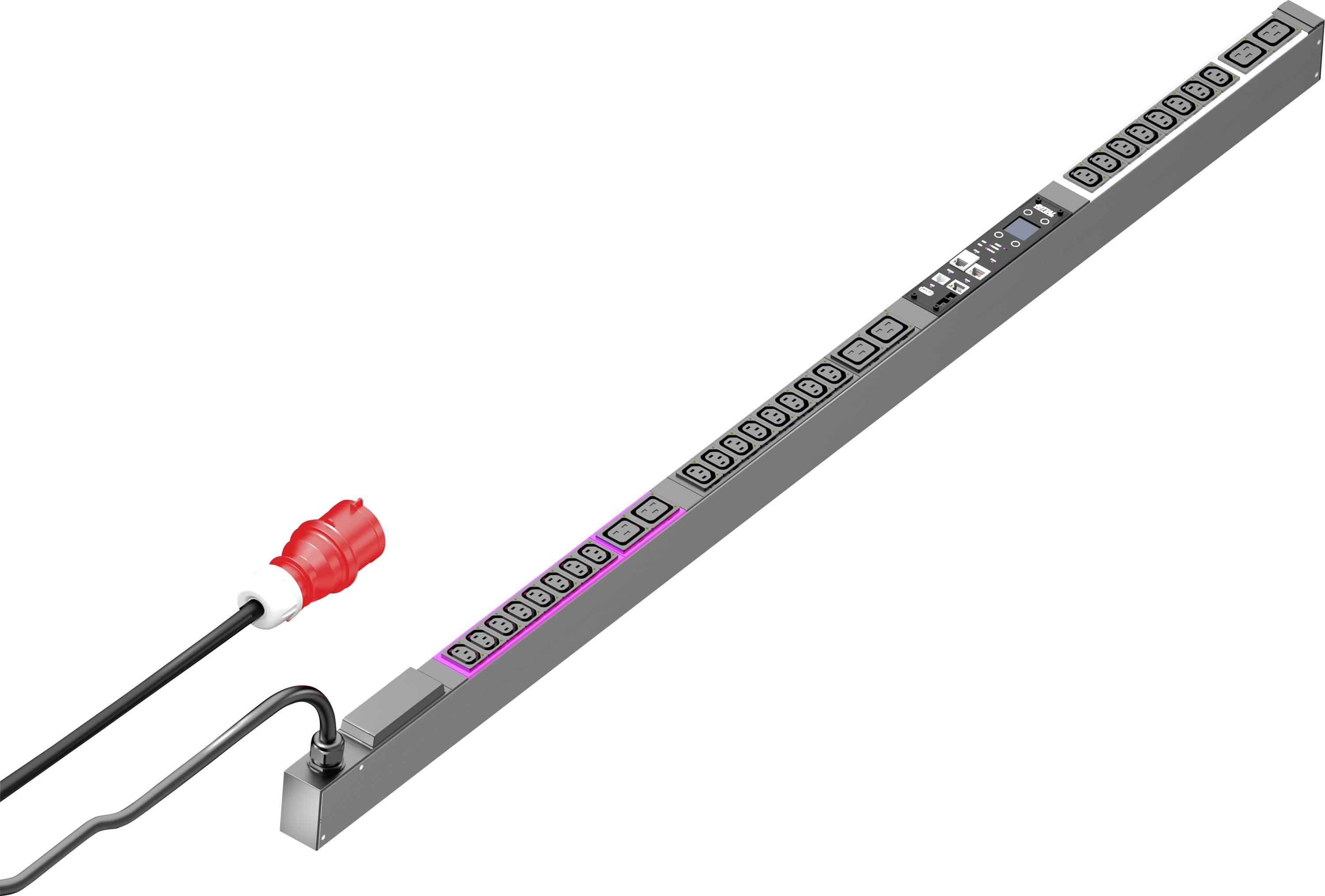 'Bloc multiprises avec fiche rouge et 24 emplacements, adapté aux applications industrielles.'