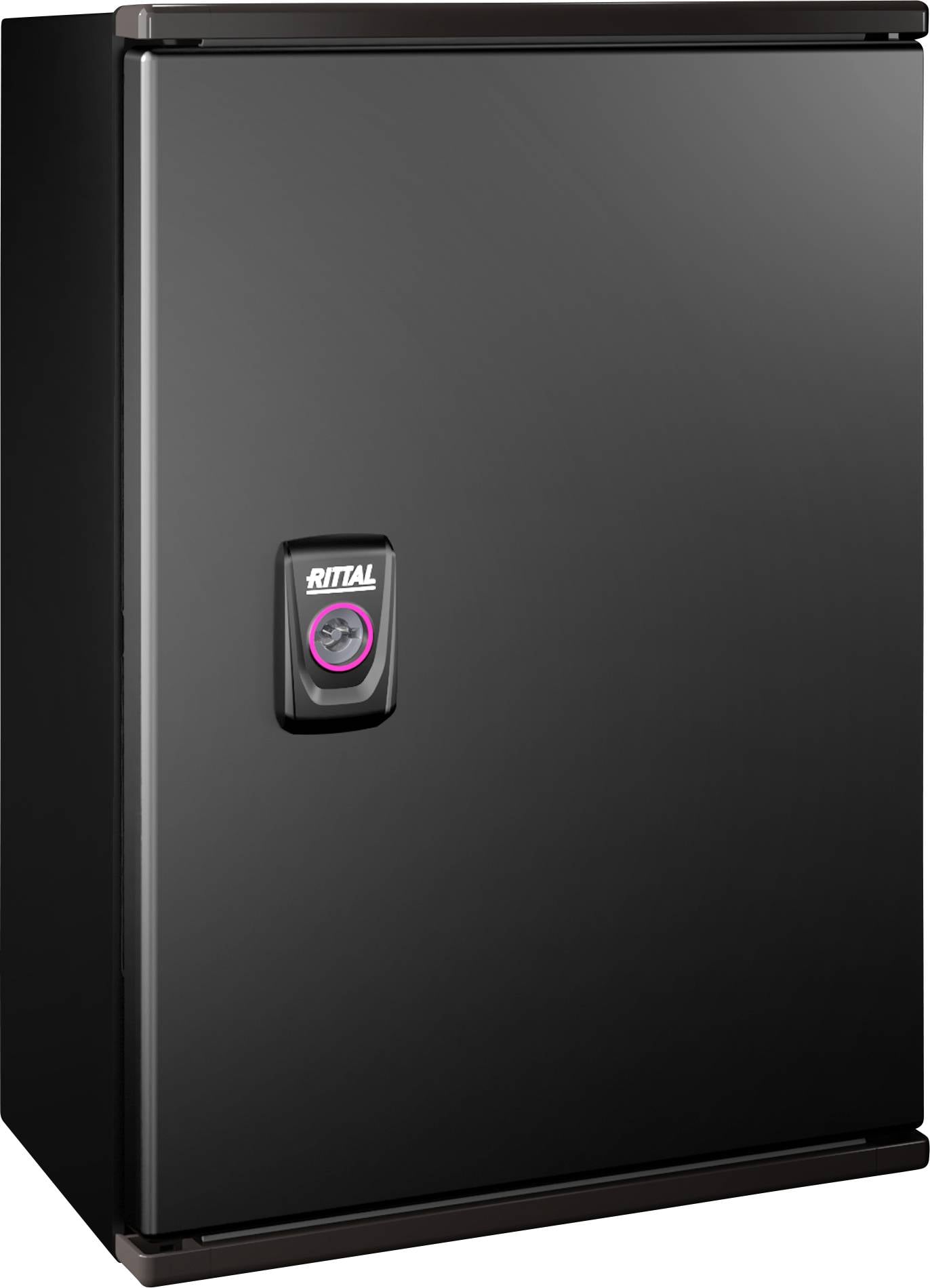 Un armoire électronique noire avec une poignée et le logo Rittal sur la face avant.