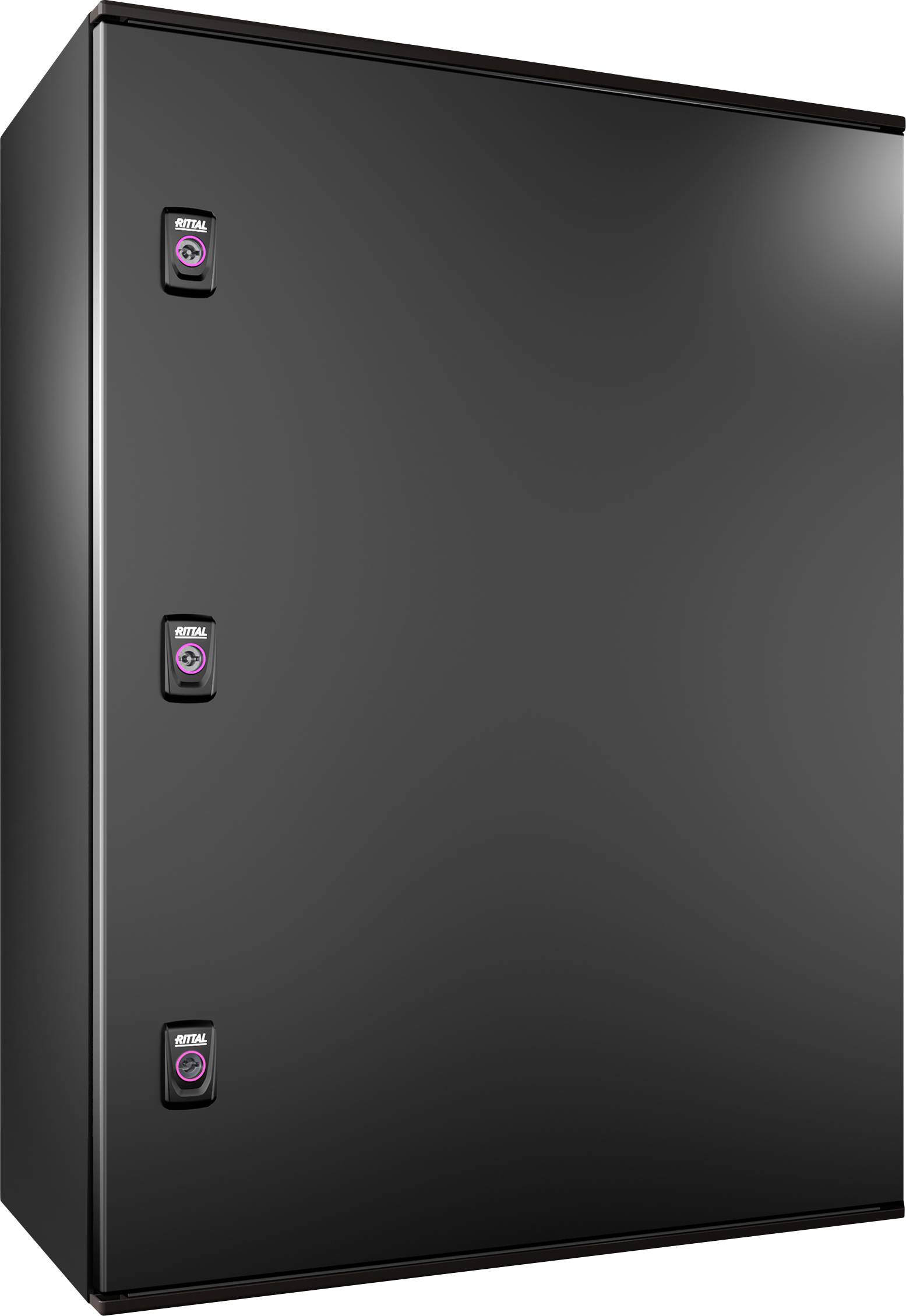 Armoire métallique noire rectangulaire avec trois verrous ronds et numérotés sur le côté gauche.