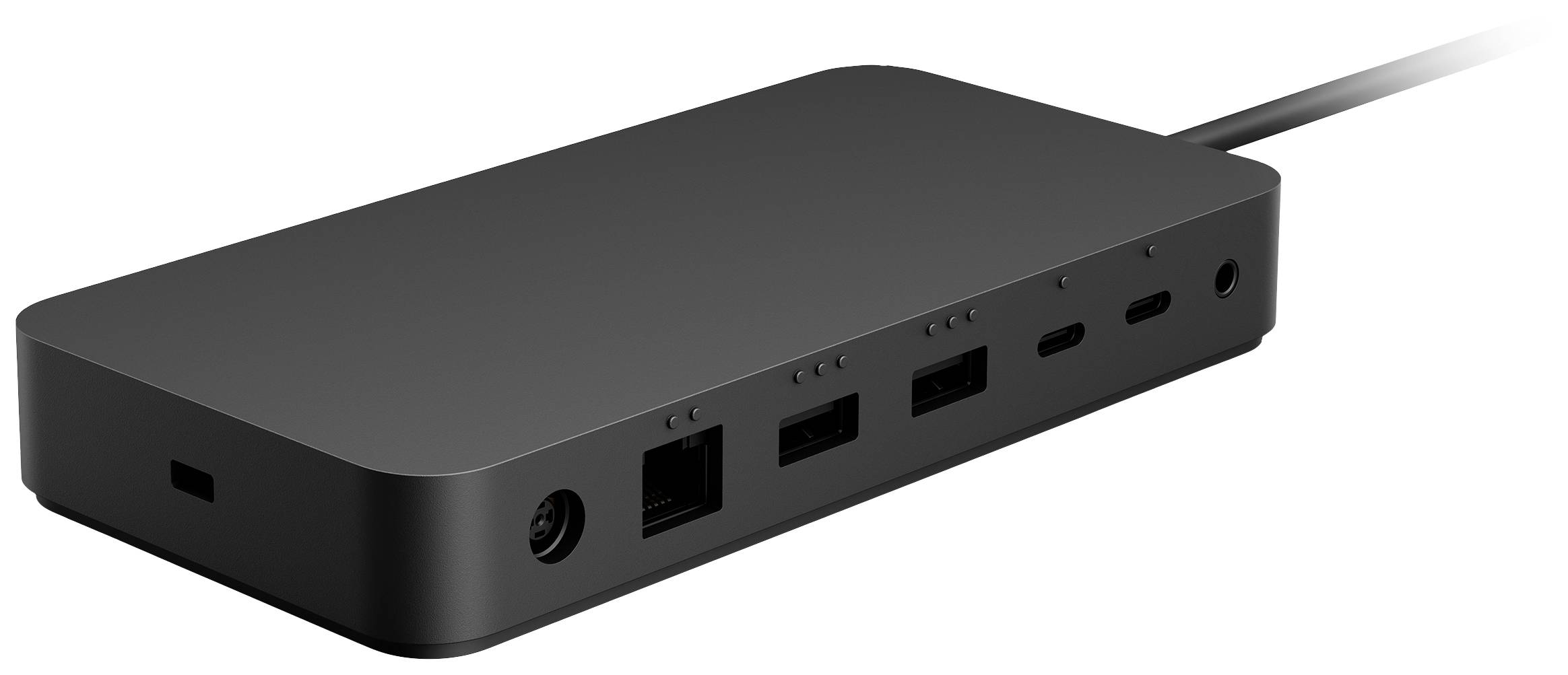 Un dock de bureau noir avec plusieurs ports : USB, Ethernet et alimentation électrique, adapté pour connecter plusieurs appareils.