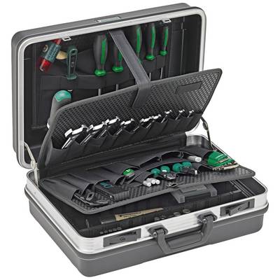 Une boîte à outils avec le couvercle ouvert montre divers outils tels que des tournevis, des pinces et un mètre ruban, organisés dans des compartiments.