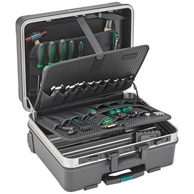 Une boîte à outils ouverte contenant divers outils tels que des tournevis, un marteau et des pinces, bien organisés dans des compartiments.