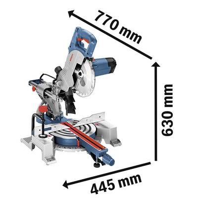 Scie à onglets et à coupe d'onglet à finition bleue et argentée. Dimensions : hauteur 630 mm, largeur 770 mm, profondeur 445 mm.