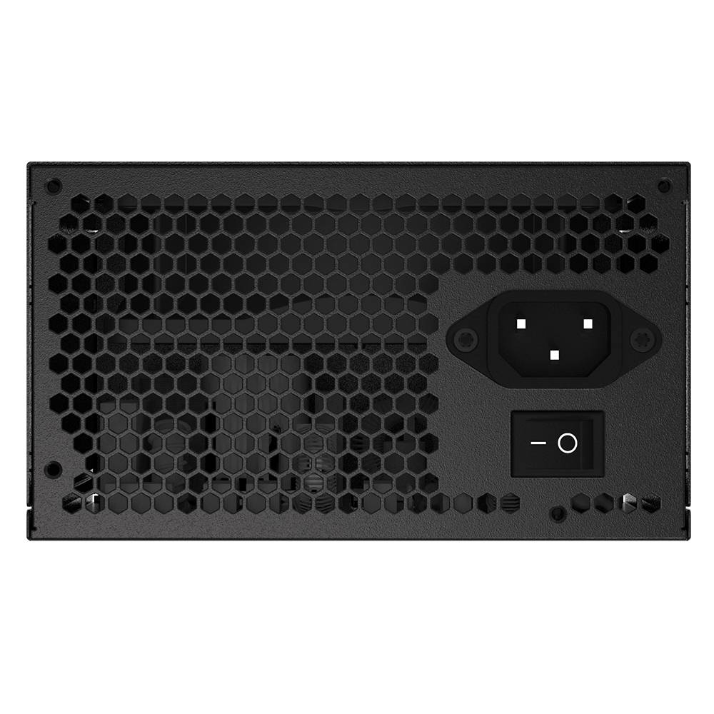 Un bloc d'alimentation noir pour ordinateur avec une grille hexagonale, une prise de courant et un interrupteur marche/arrêt à l'arrière.