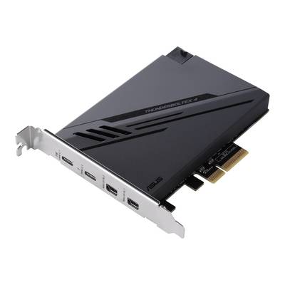Carte d'extension Thunderbolt noire avec plusieurs ports USB-C, adaptée à l'installation dans un PC, posée sur une surface blanche.