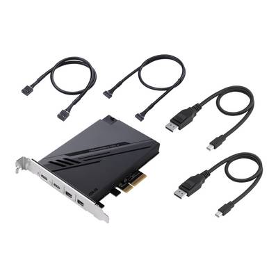 Une carte PCIe à quatre ports est présentée avec deux câbles USB et deux câbles de connexion interne.