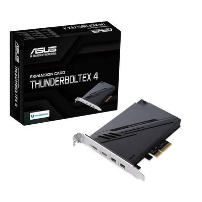 Carte d'extension ASUS ThunderboltEX 4 à côté de son emballage, montrant les informations du produit et ses connecteurs.