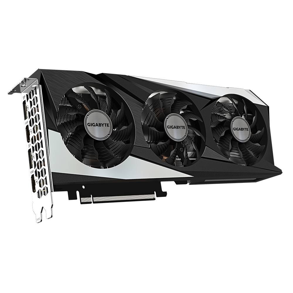 Une carte graphique noire de Gigabyte avec trois ventilateurs, reconnaissables aux logos sur chaque ventilateur. Elle dispose de plusieurs ports sur le côté.