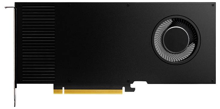 Une carte graphique noire avec un ventilateur sur le côté droit et un connecteur PCI doré en bas, conçue pour l'installation de matériel informatique.