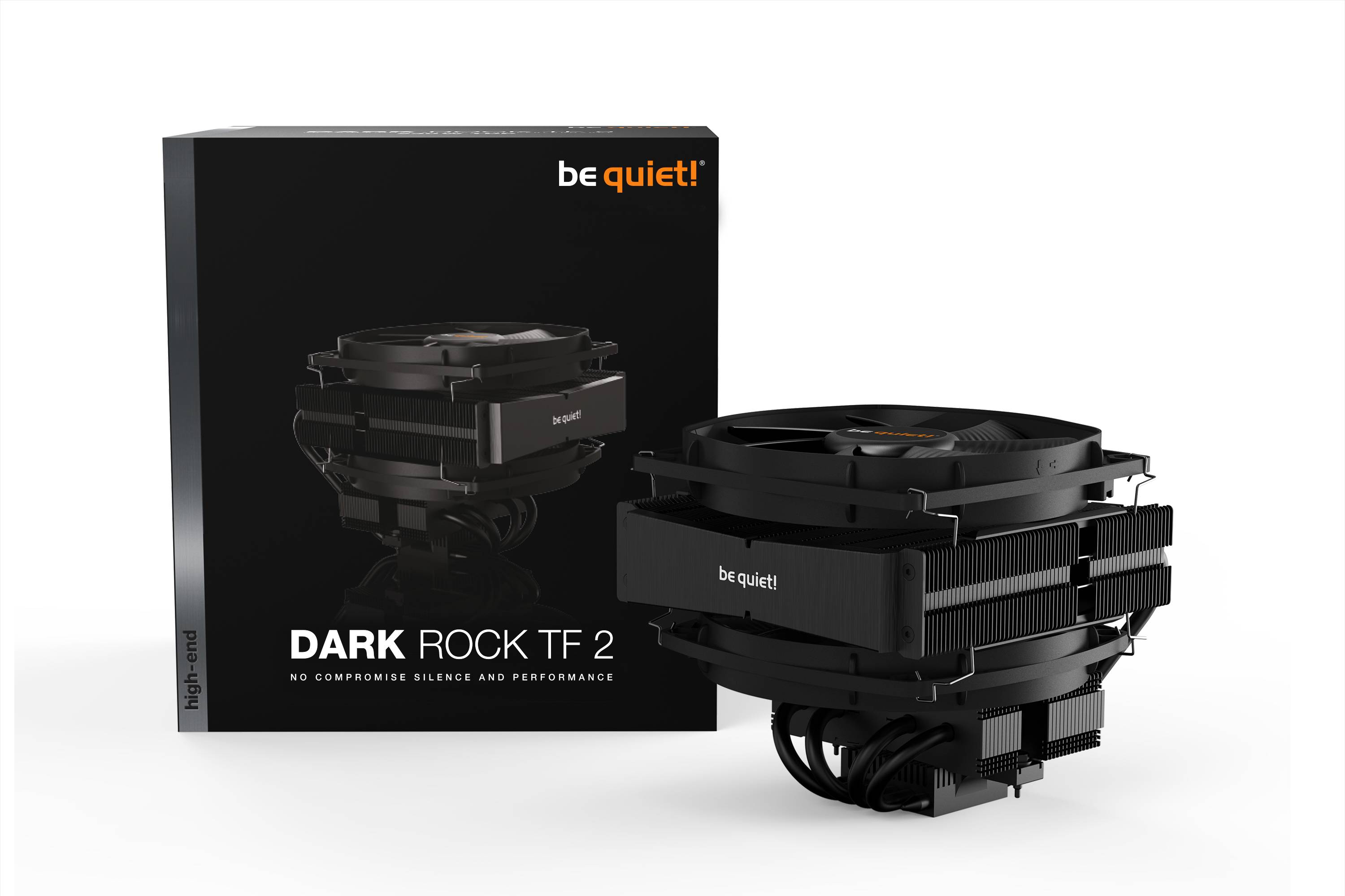 Refroidisseur 'Dark Rock TF 2' de be quiet!, avec son emballage en arrière-plan. Texte : 'Aucun compromis sur le silence et les performances'.