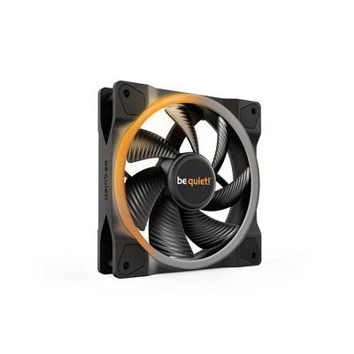 Ventilateur d'ordinateur noir avec le logo 'be quiet!' au centre, entouré d'un anneau lumineux orange vif, monté dans un cadre carré.