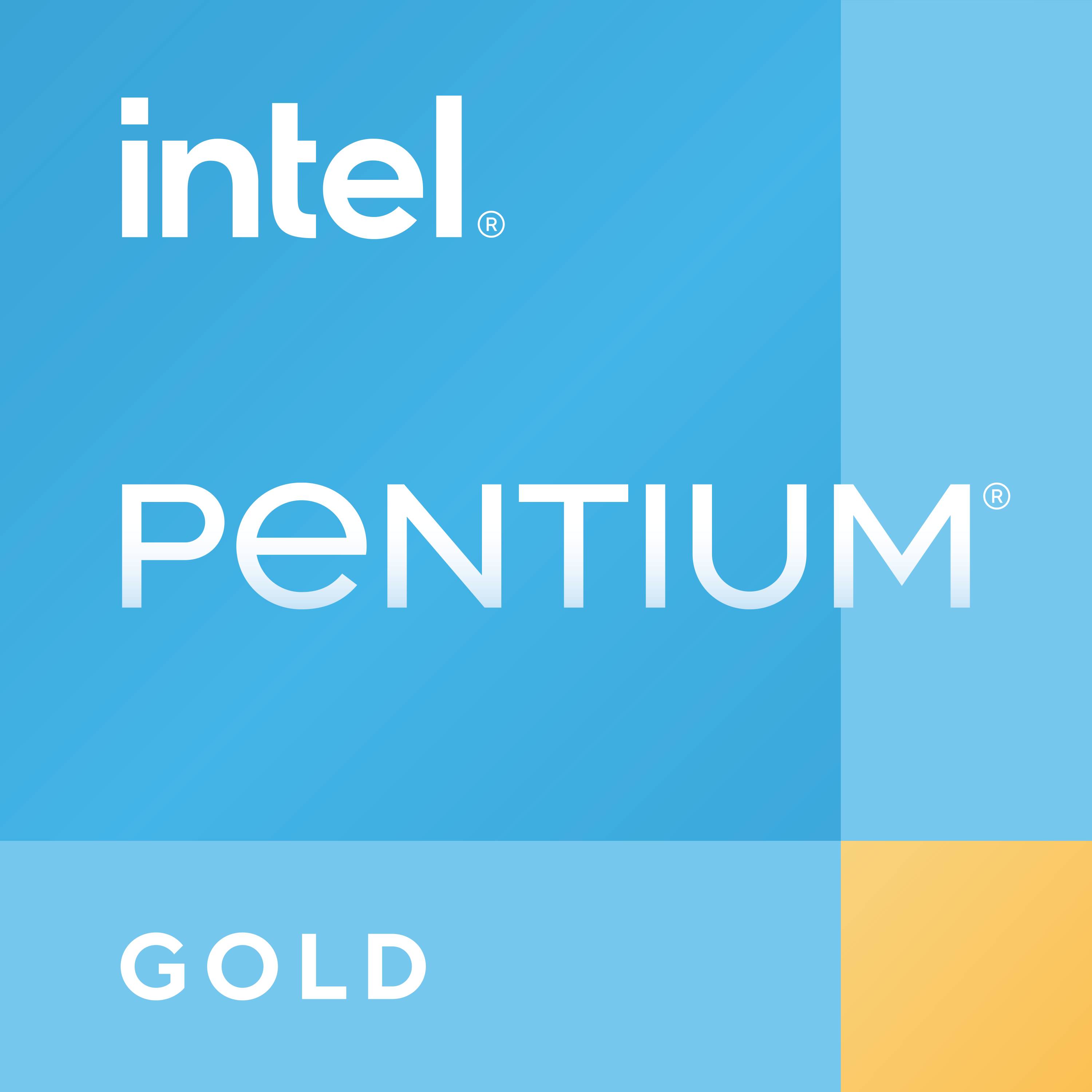 Logo carré bleu avec le texte 'intel PENTIUM GOLD' en blanc et or. Logo de la série de processeurs Intel Pentium.
