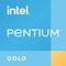 Logo carré bleu avec le texte 'intel PENTIUM GOLD' en blanc et or. Logo de la série de processeurs Intel Pentium.