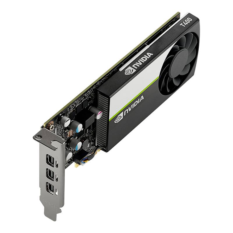 Carte graphique avec logo NVIDIA, modèle T400. Design noir avec ventilateur et plusieurs options de connexion pour écrans.