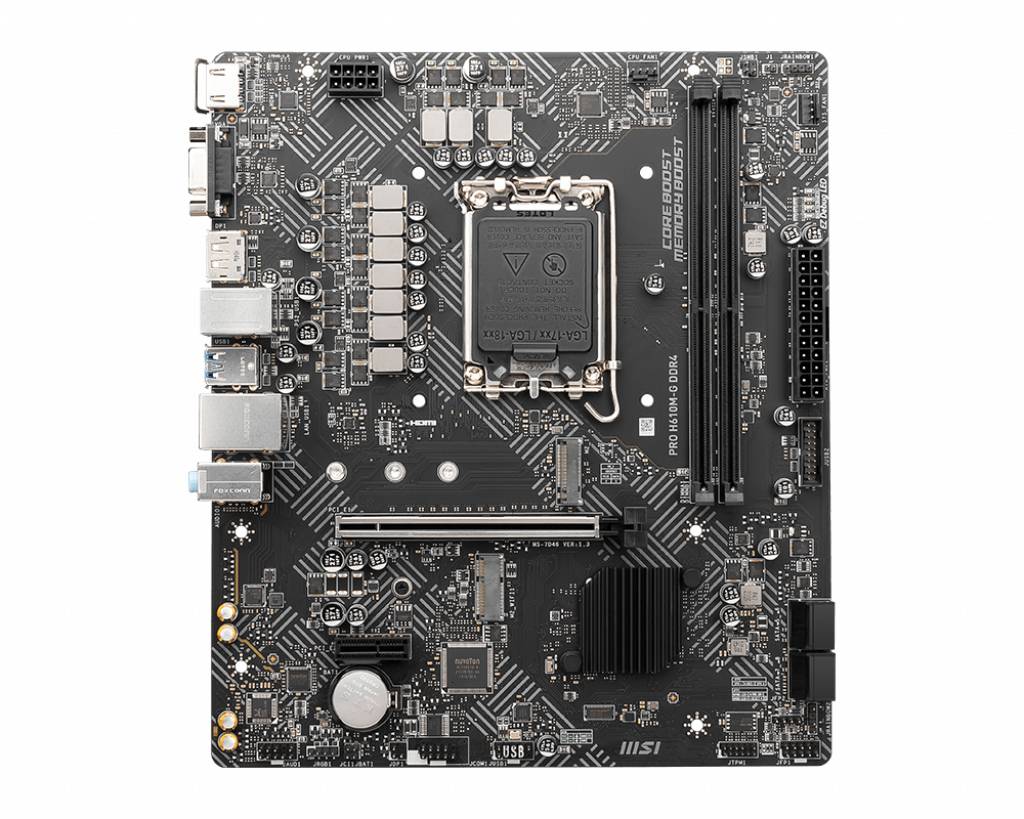 Carte mère avec socket de processeur, plusieurs emplacements pour RAM et des connecteurs pour cartes d'extension, ports USB et réseau.