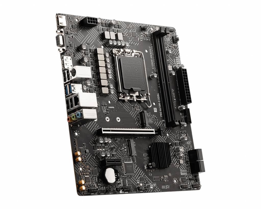 Une carte mère noire d'ordinateur avec différents ports et emplacements, incluant des connexions Ethernet, USB et audio.