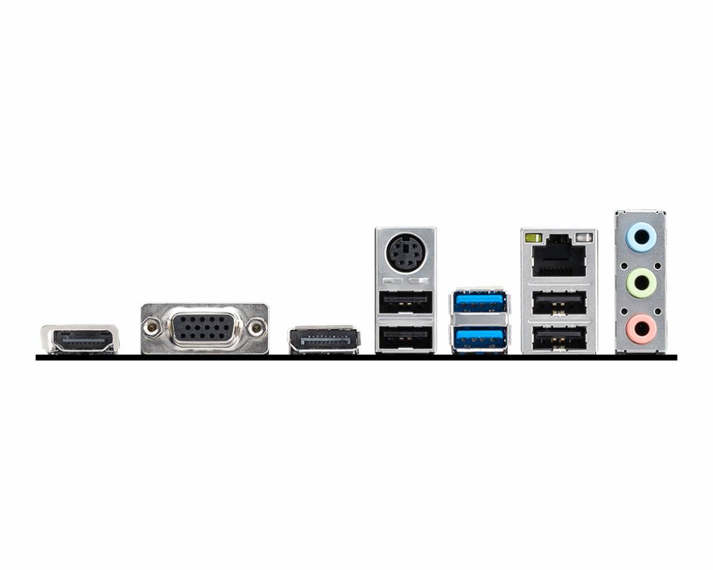 Face arrière d'une carte mère d'ordinateur avec différents ports : HDMI, VGA, USB, Ethernet et ports audio.