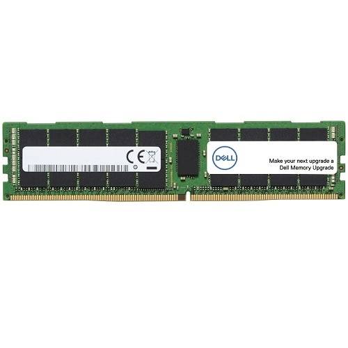 Un module RAM vert avec des puces mémoire noires et deux étiquettes blanches. L'une porte le logo Dell, l'autre des informations d'utilisation.
