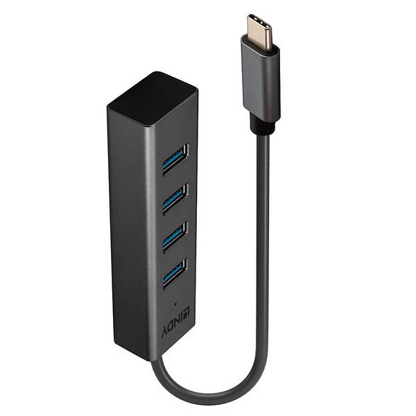 LINDY 43325 Hub USB 4 ports USB-A USB 3.2 Gen1 5 GBit/s avec fiche mâle USB-C gris 43325