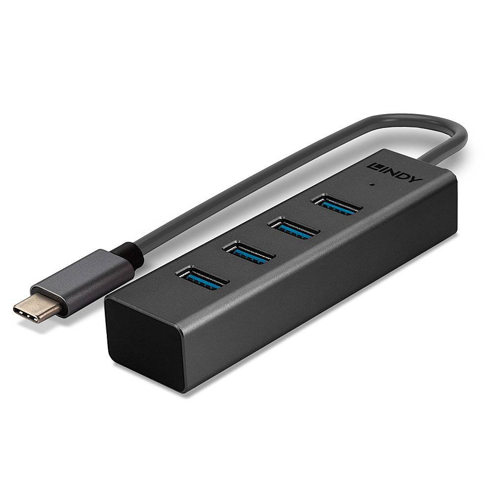 Hub USB avec quatre ports USB 3.0 et une fiche USB-C, adapté pour étendre la connectivité des appareils.