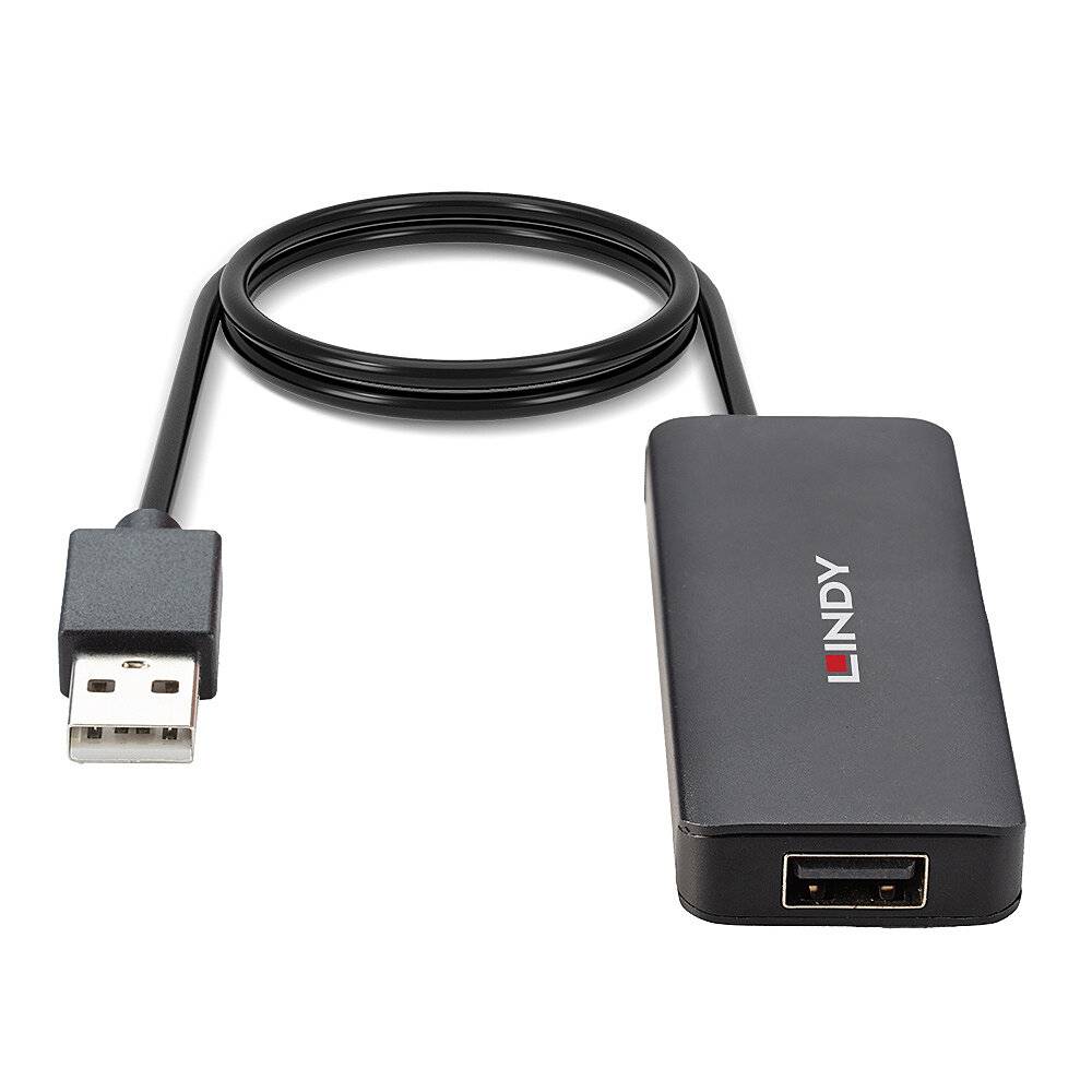 Adaptateur USB vers HDMI avec câble noir et boîtier rectangulaire portant l'inscription 'LINDY'. Adapté pour connecter des appareils équipés d'un port HDMI.