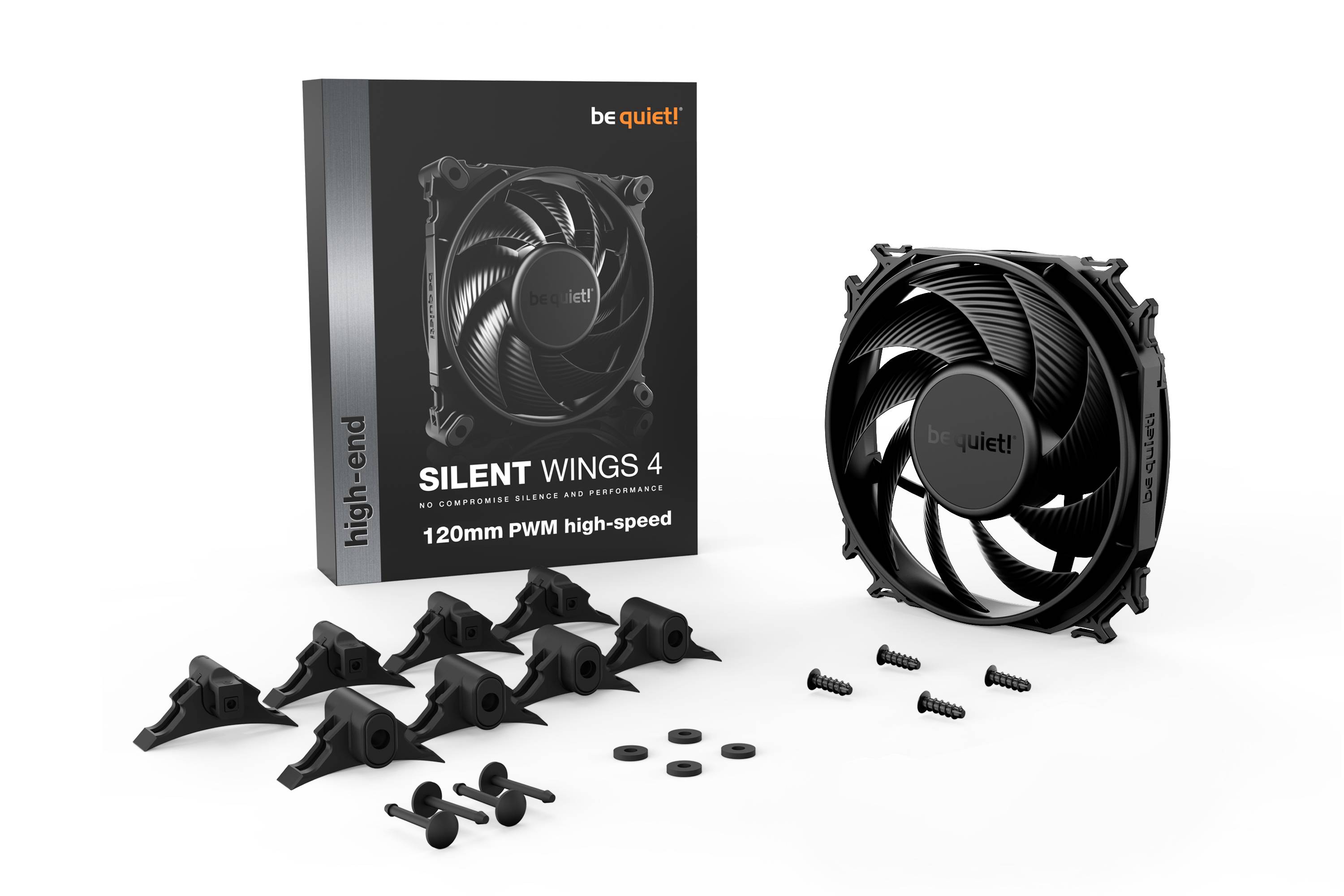 Un ventilateur de 120 mm de be quiet! avec son emballage. Comprend le matériel de montage. Modèle : Silent Wings 4, PWM haute vitesse. Design noir.