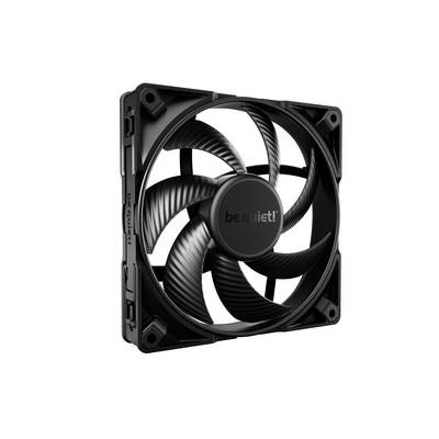 Ventilateur d'ordinateur noir à six pales, portant la mention 'be quiet!' sur le côté. Dispositif destiné à refroidir des composants électroniques.