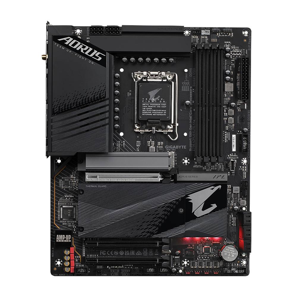 Image d'une carte mère d'ordinateur avec le logo 'AORUS', présentant plusieurs emplacements d'extension et connecteurs, adaptée aux configurations techniques.