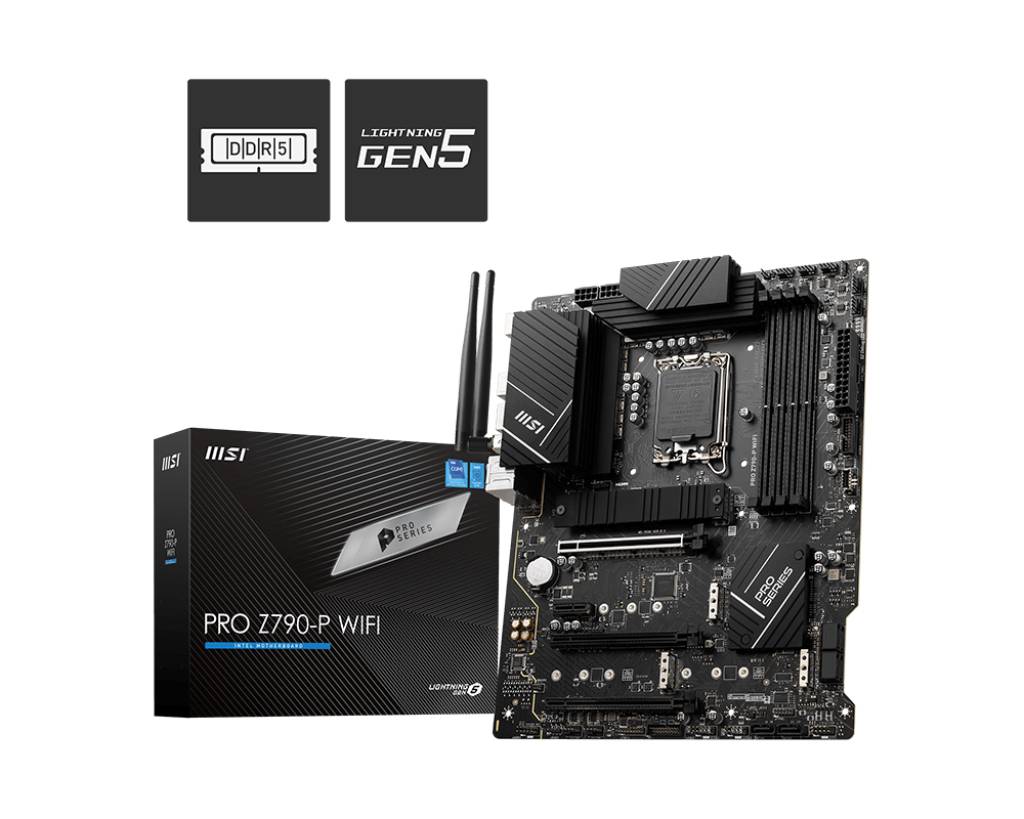 Carte mère MSI PRO Z790-P WIFI avec support DDR5 et compatibilité Gen5. Comprend des antennes pour la fonction Wi-Fi. Emballage en arrière-plan.
