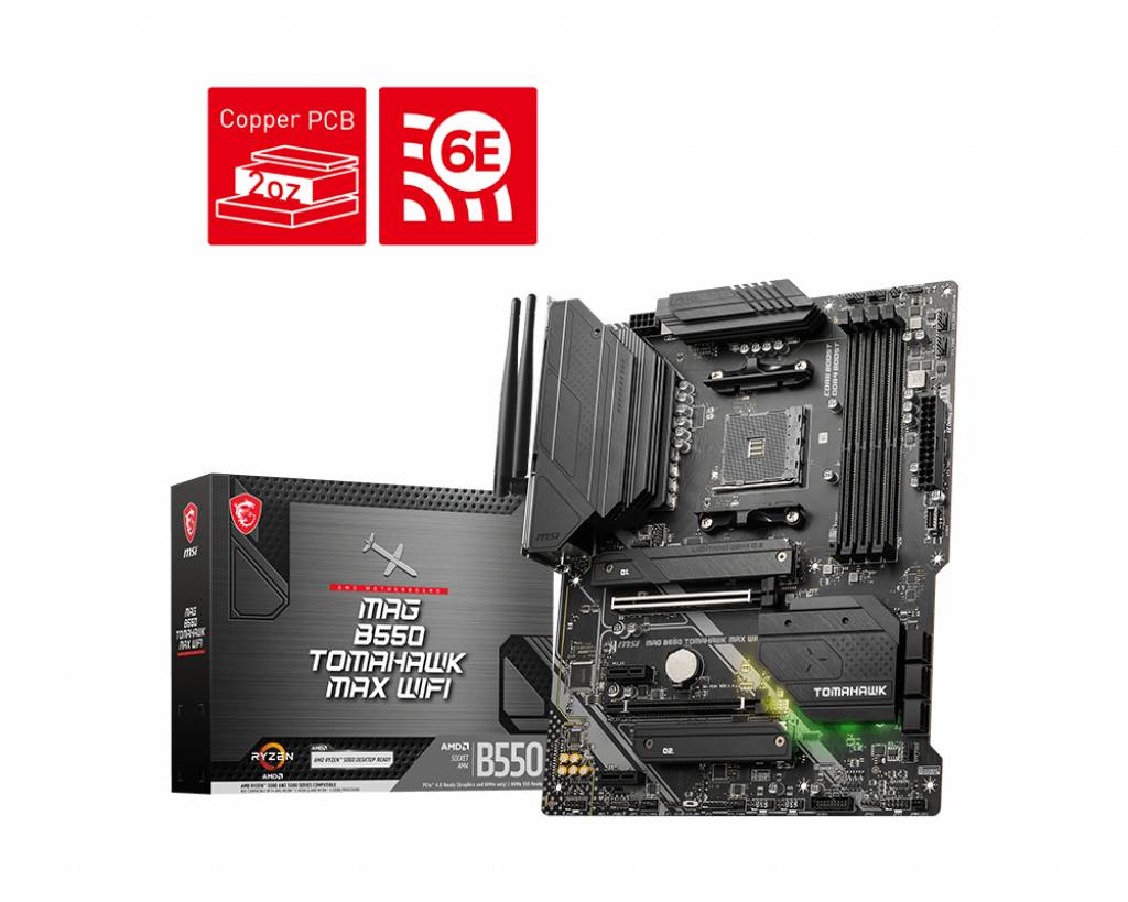 Carte mère MSI MAG B550 TOMAHAWK MAX WIFI à côté de son emballage. Point fort : PCB en cuivre 2 oz, prenant en charge le Wi-Fi 6E.