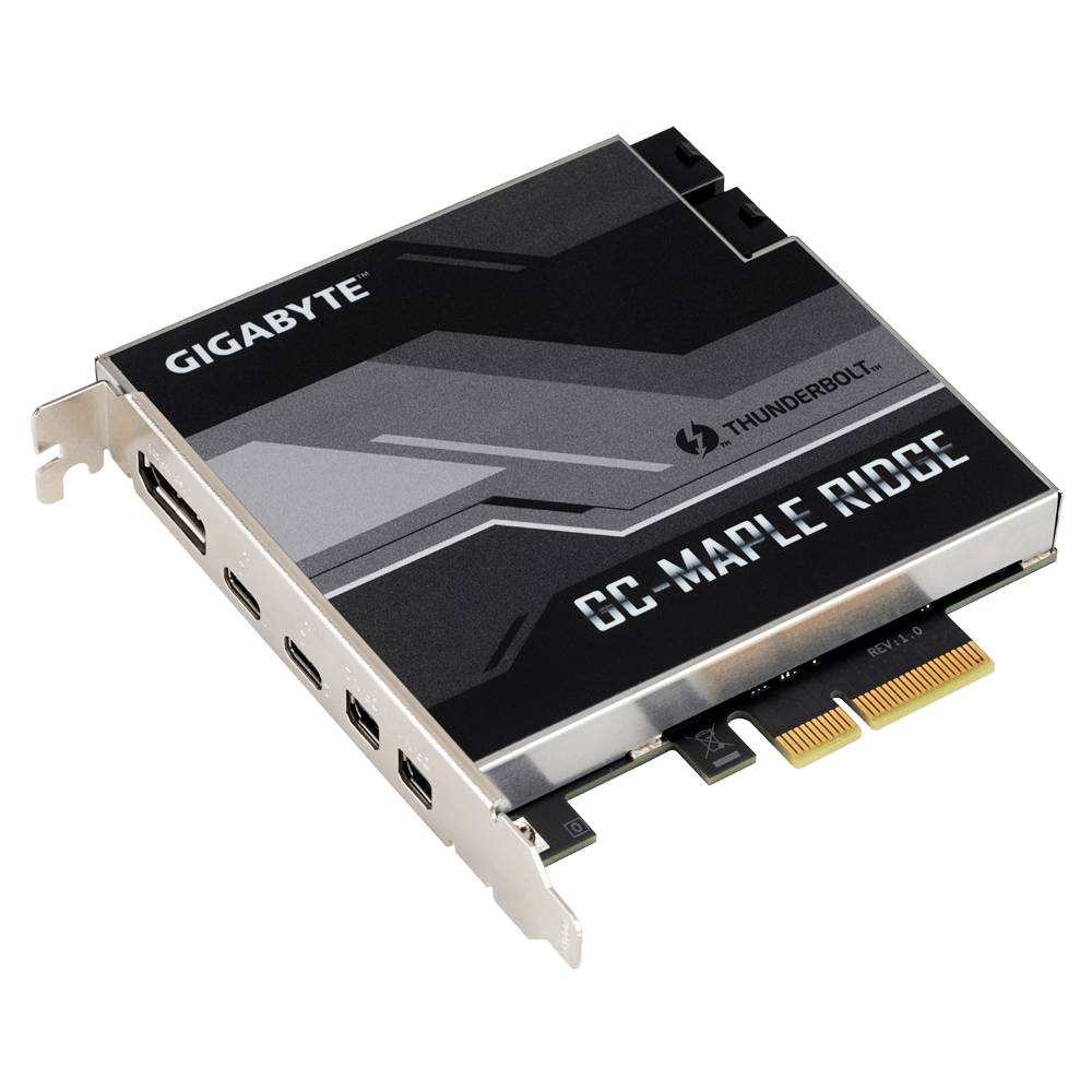 Une carte d'extension Gigabyte portant l'inscription 'GC-MAPLE RIDGE', avec des ports Thunderbolt et un connecteur PCIe.