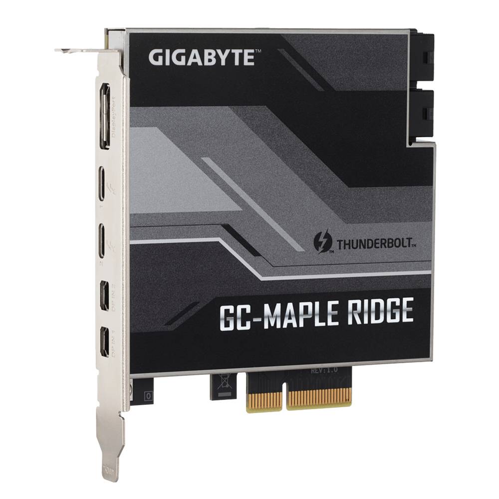 Une carte d'extension de la marque Gigabyte offrant plusieurs options de connexion, dont Thunderbolt. Nom du modèle : GC-Maple Ridge.