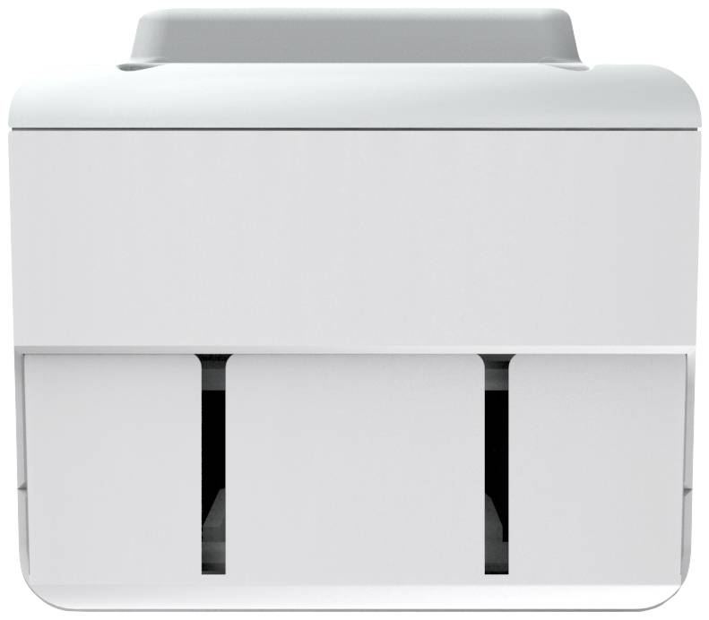 Un imprimante blanche, rectangulaire et moderne avec deux fentes de sortie de papier sur sa face inférieure.