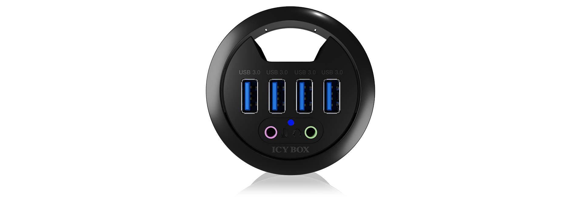 Un hub USB rond, vue de face, avec quatre ports USB 3.0 et deux ports audio en haut, étiqueté 'ICY BOX'.