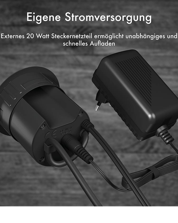 'Alimentation électrique autonome : Bloc d'alimentation externe de 20 watts permettant une charge indépendante et rapide.' Deux blocs d'alimentation sont illustrés.