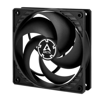Un ventilateur d'ordinateur noir de la marque Arctic à cinq pales incurvées, montable par quatre angles carrés.