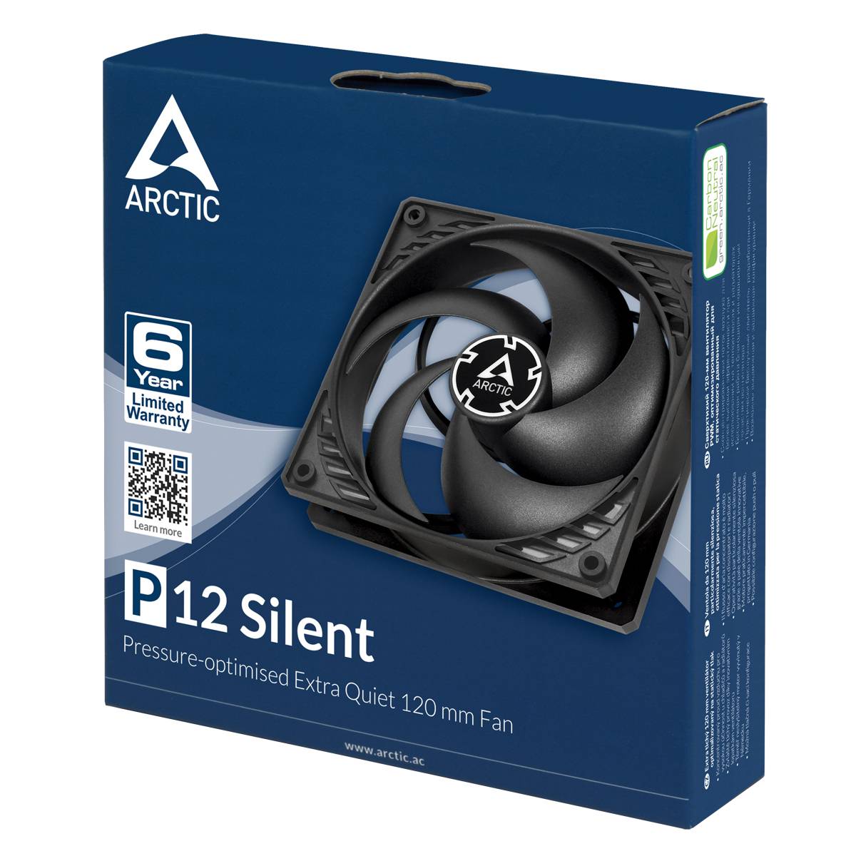 L'emballage d'un ventilateur 'ARCTIC P12 Silent'. Présente le design du produit et indique une garantie de 6 ans.