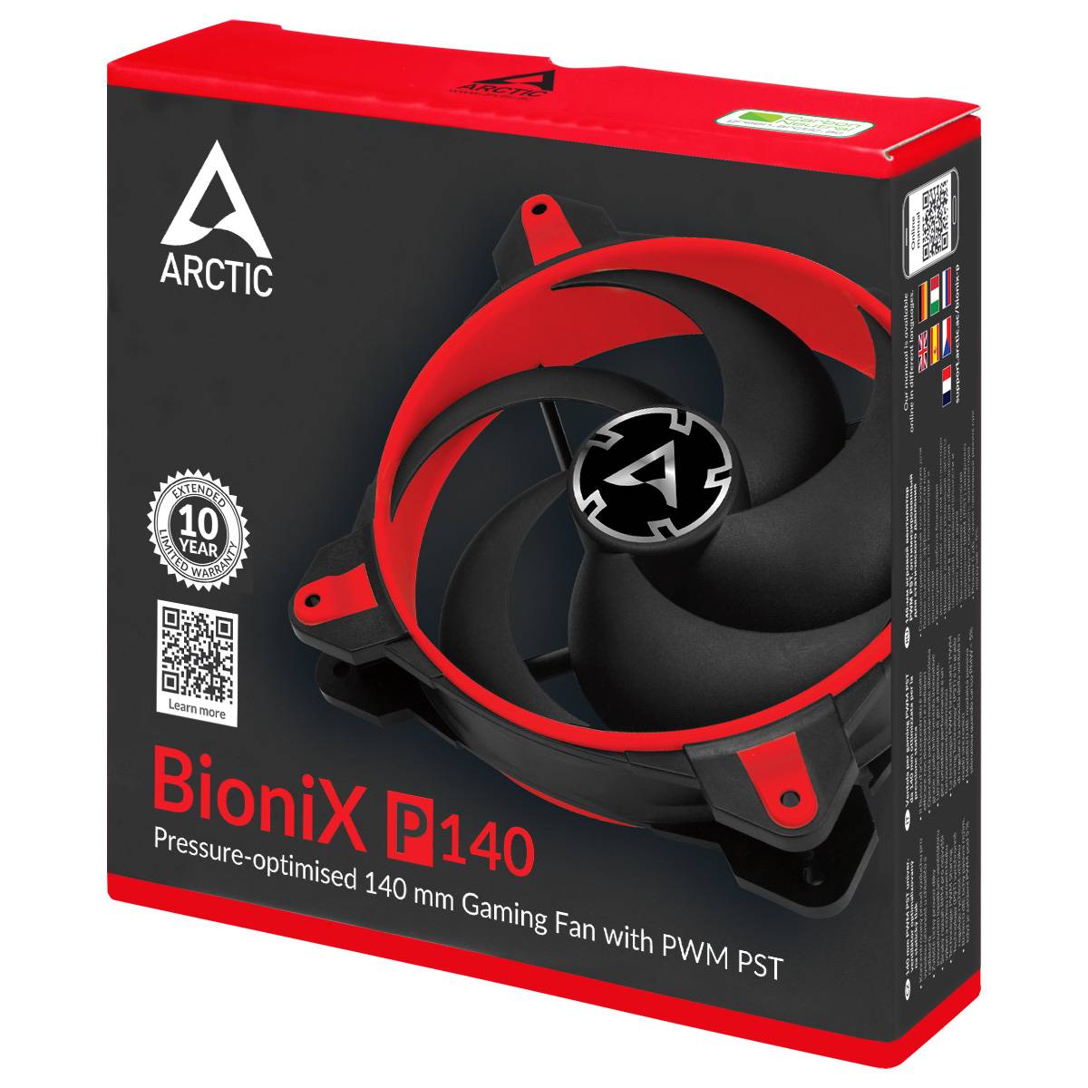 Ventilateur de jeu de 140 mm noir et rouge dans son emballage avec le texte 'BioniX P140', optimisé pour la pression, PWM PST, garantie de 10 ans.