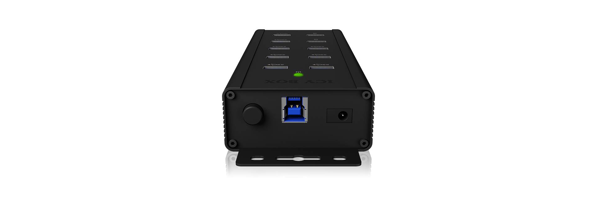 Un appareil électronique noir avec plusieurs ports à l'arrière. Il est placé sur un fond blanc simple.