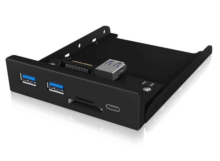 Boîtier de disque dur externe multiports, comprenant USB 3.0, lecteur de cartes, en design noir pour baie d'extension de PC.