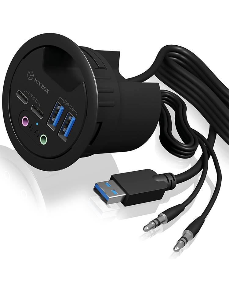 Boîtier de connexion noir pour table avec ports : deux USB-C, deux USB-A, deux prises audio et un câble d'alimentation.