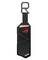 Une clé USB noire avec un logo rouge et un design géométrique. Un crochet est fixé sur le dessus.