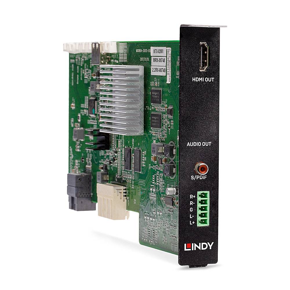 Une carte électronique verte avec différents ports, dont une sortie HDMI et une sortie audio S/PDIF. Le nom de marque 'Lindy' est visible sur la carte.