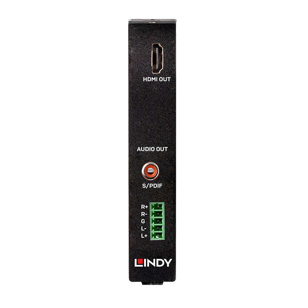 Un prolongateur HDMI avec sortie HDMI, sortie audio S/PDIF et connexions pour R+, R-, G-, L+, L-. Marque 'Lindy'.