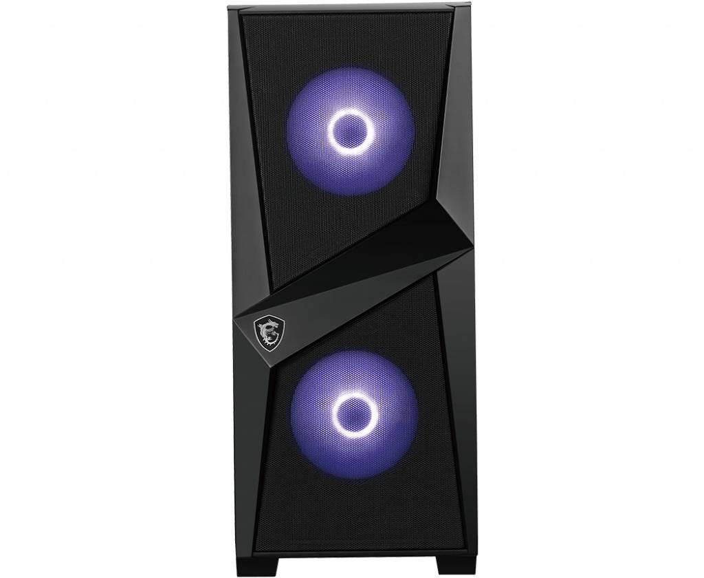 Boîtier d'ordinateur noir avec deux ventilateurs bleus lumineux et un design géométrique, adapté aux PC de gaming.