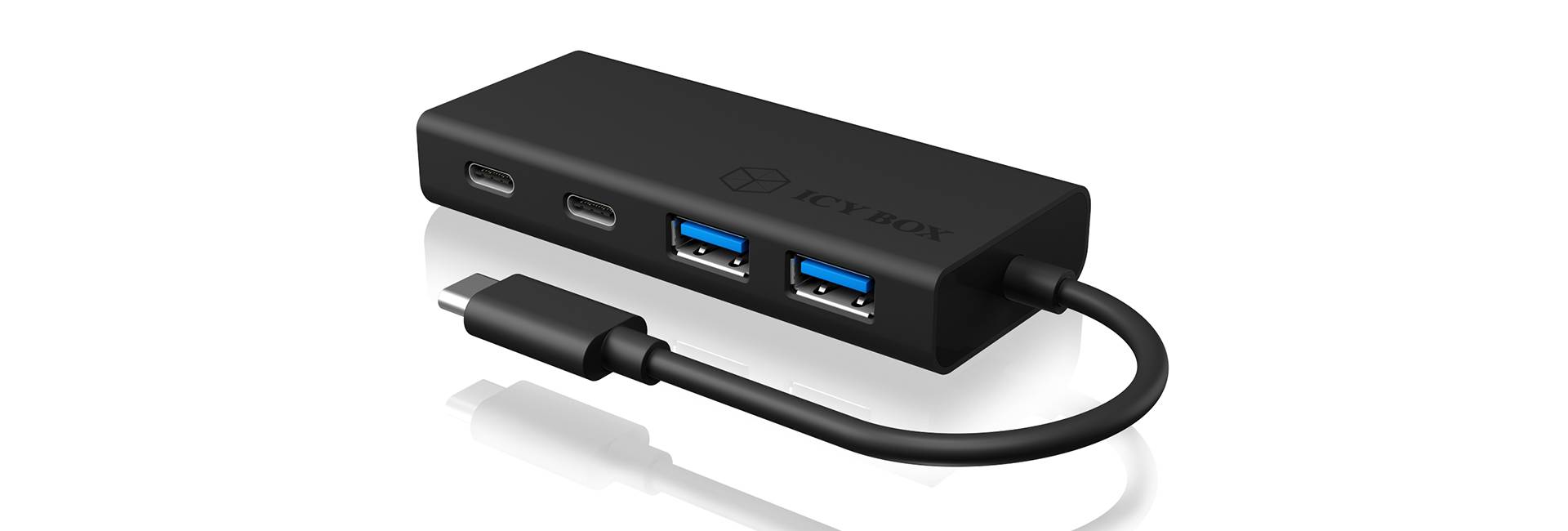 Un hub USB noir avec deux ports USB-C et deux ports USB-A, doté d'un câble intégré pour se connecter à un appareil.