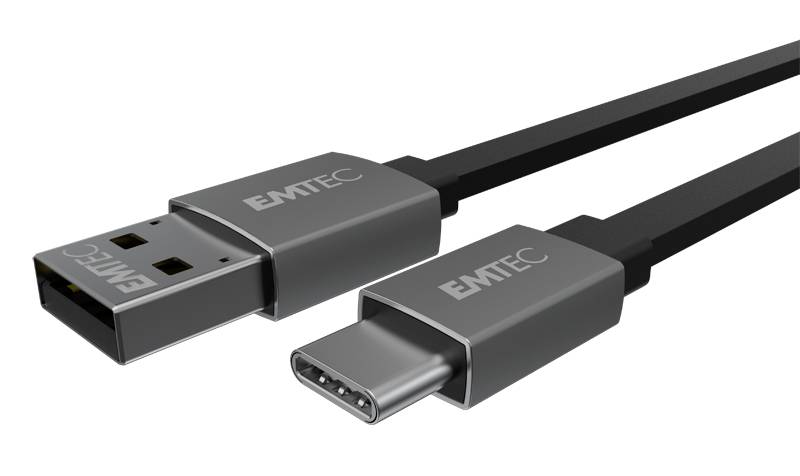 Câbles USB et USB-C avec logo EMTEC, noir et gris, montrant les côtés de connexion.