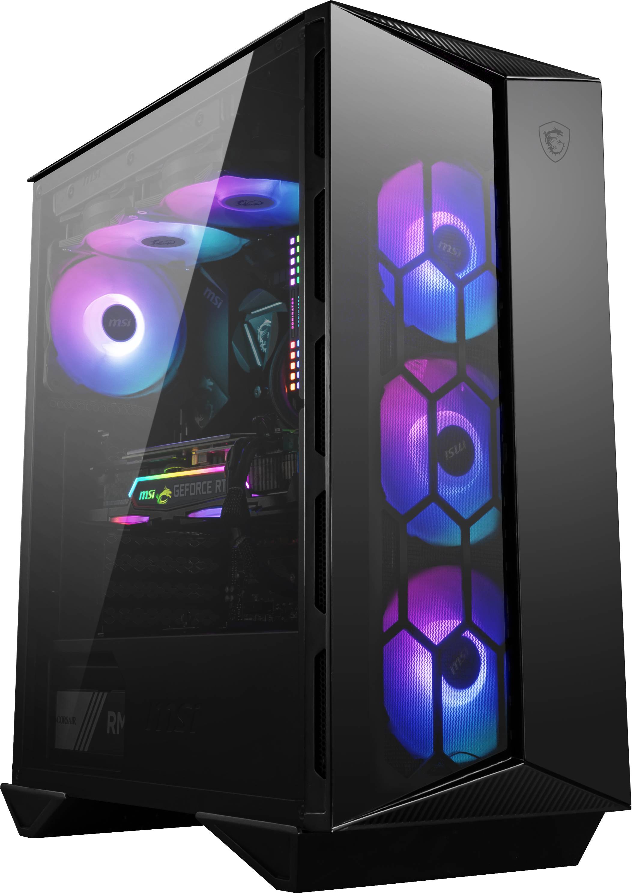 Ordinateur de gaming noir avec boîtier transparent, montrant des ventilateurs RGB lumineux et une carte graphique à l'intérieur.