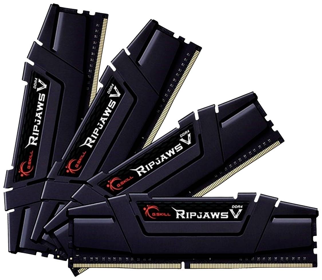Quatre modules RAM noirs portant l'inscription 'Ripjaws V'. Ils sont légèrement empilés de manière décalée.